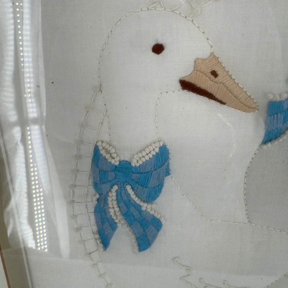 Vintage Framed Goose Embroidery Art Three White Geese Blue Bows Cottagecore